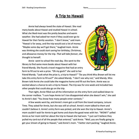 A Trip to Hawaii Reading Comprehension Worksheet