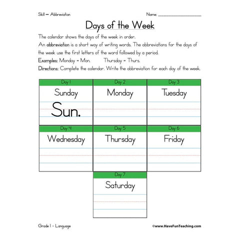 Abbreviation Days of the Week Worksheet
