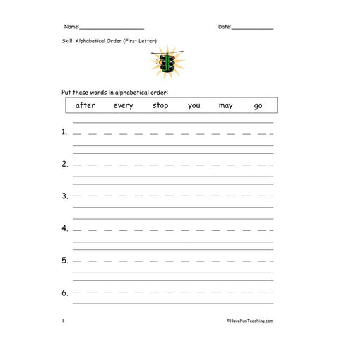 Alphabetical Order to the First Letter Worksheet