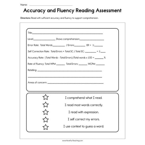 Accuracy and Fluency Reading Assessment Worksheet