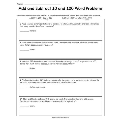 Add and Subtract 10 and 100 Word Problems Worksheet