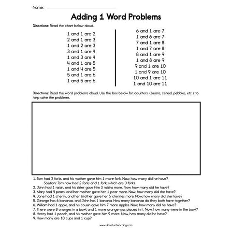 Adding 1 Word Problems Worksheet