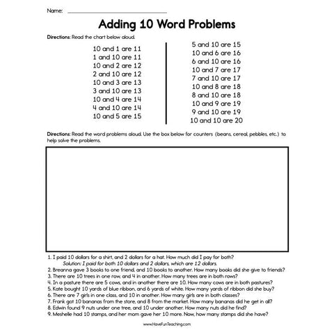 Adding 10 Word Problems Worksheet