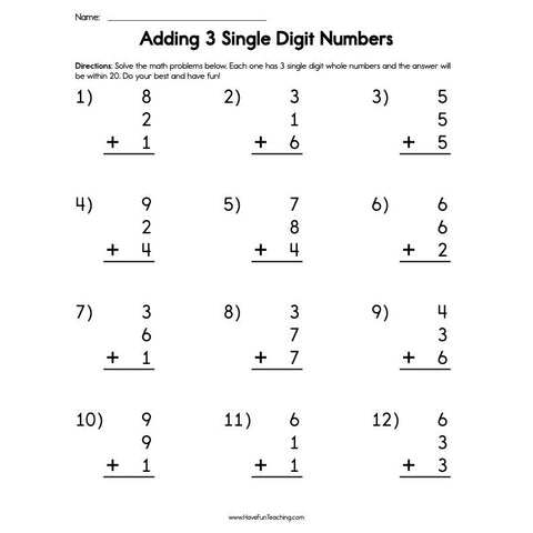 Adding 3 Single Digit Numbers Worksheet