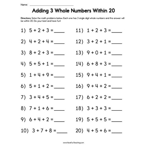 Adding 3 Whole Numbers Within 20 Worksheet