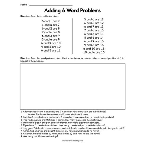 Adding 6 Word Problems Worksheet