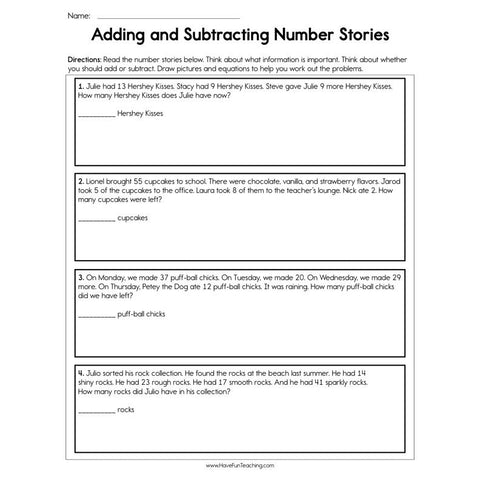Adding and Subtracting Number Stories Worksheet