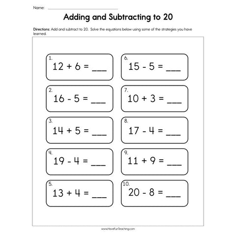 Adding and Subtracting to 20 Worksheet