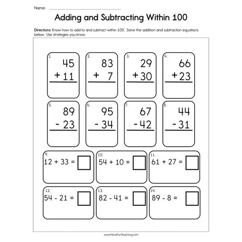 Adding and Subtracting Within 100 Worksheet