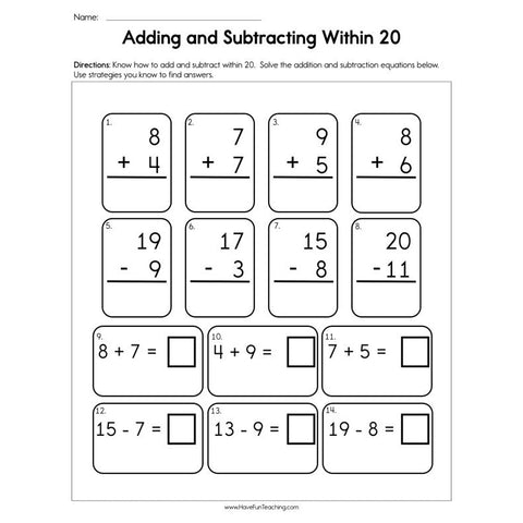 Adding and Subtracting Within 20 Worksheet