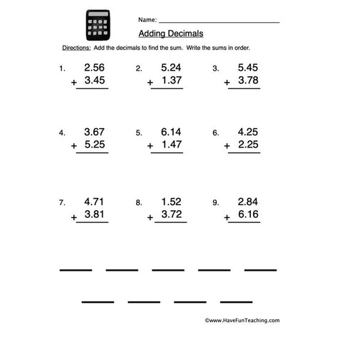 Adding Decimals Worksheet