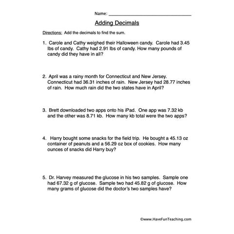 Adding Decimals Worksheet 2