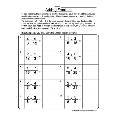Adding Fractions Worksheet