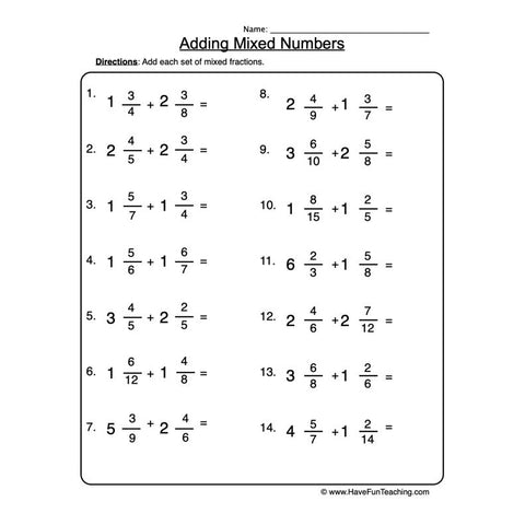 Adding Mixed Numbers Worksheet
