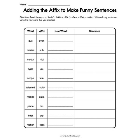 Adding the Affix to Make Funny Sentences Worksheet