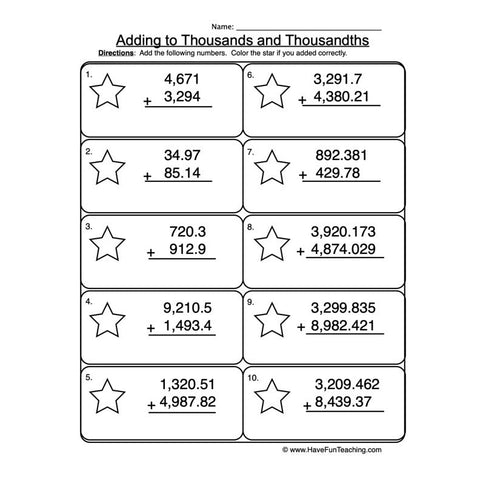 Adding Thousands Thousandths Worksheet