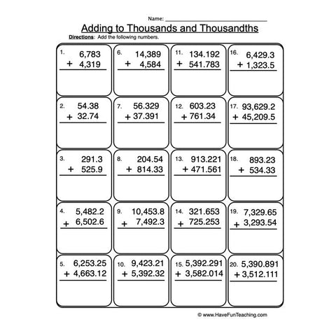 Adding Thousands Thousandths Worksheet 2