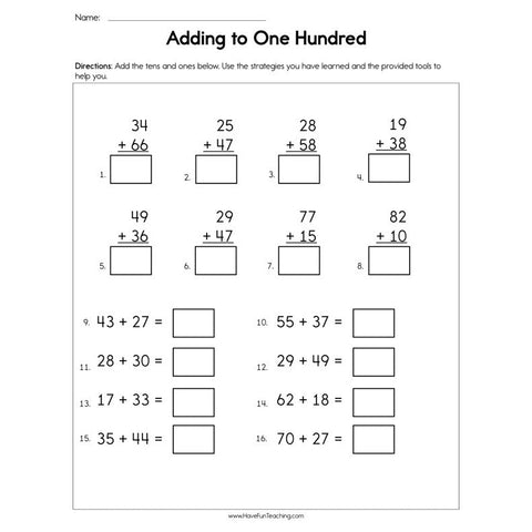 Adding to One Hundred Worksheet