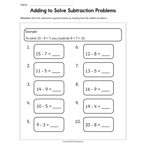 Adding to Solve Subtraction Problems Worksheet