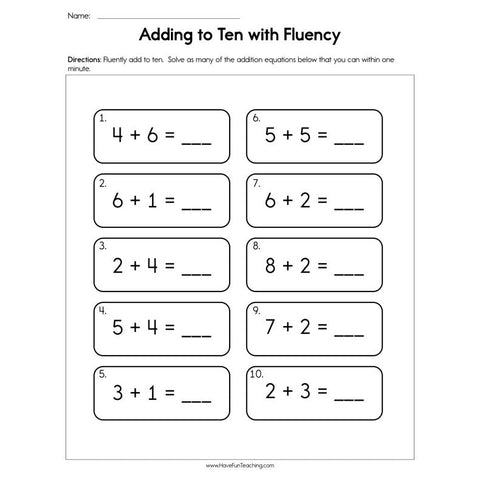 Adding to Ten with Fluency Worksheet