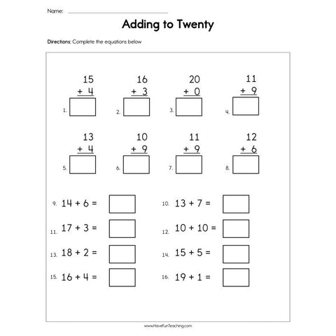 Adding to Twenty Worksheet
