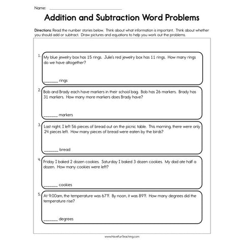 Addition and Subtraction Word Problems Worksheet
