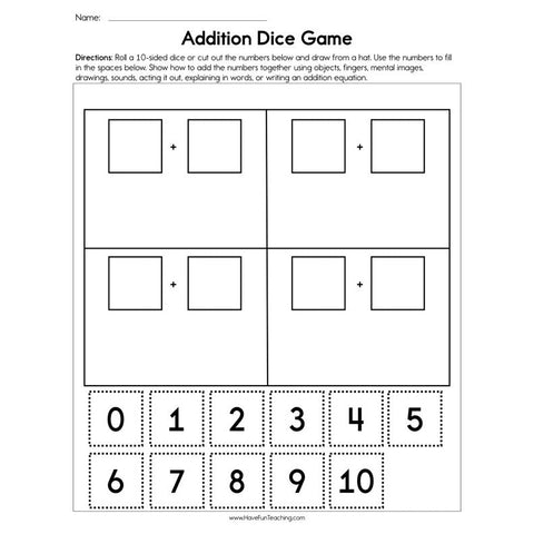 Addition Dice Worksheet