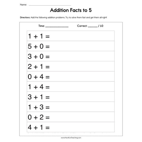 Addition Facts to Worksheet