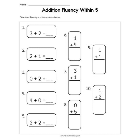 Addition Fluency Within Worksheet