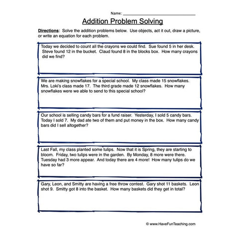 Addition Problem Solving Worksheet 2