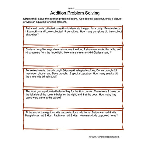 Addition Problem Solving Worksheet 3