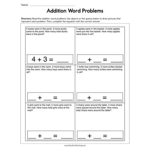 Addition Single Digit Word Problems Worksheet
