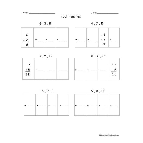 Addition Subtraction Fact Families Worksheet 2
