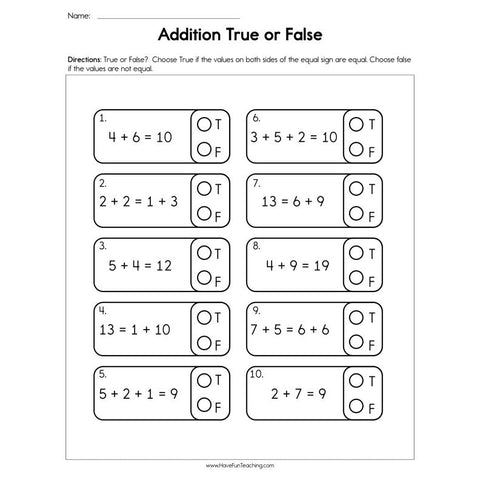 Addition True or False Worksheet