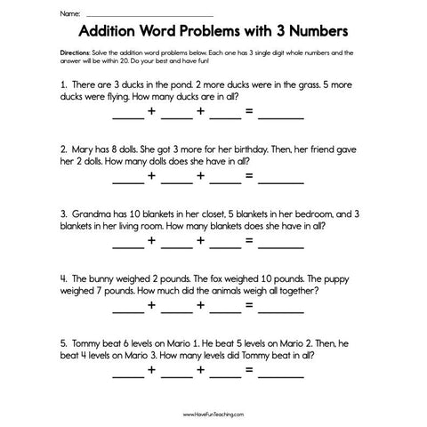 Addition Word Problems with 3 Numbers Worksheet