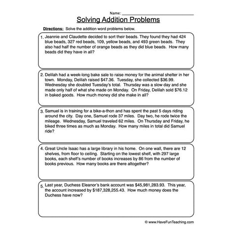 Addition Word Problems Worksheet
