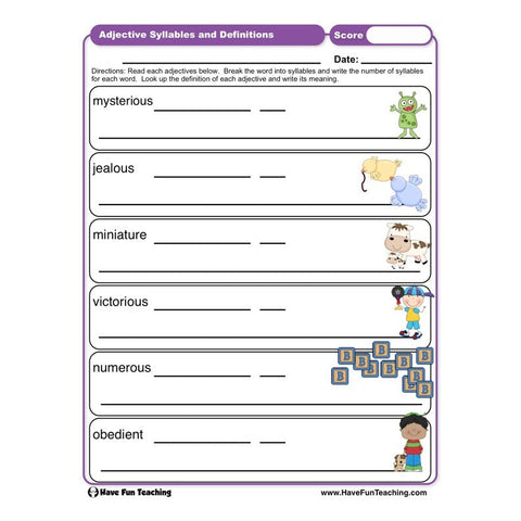 Adjective Syllables and Definitions Worksheet