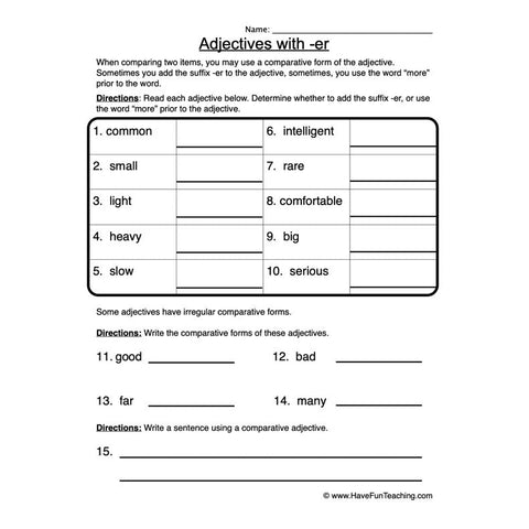 Adjectives Er Worksheet