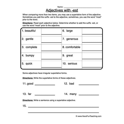Adjectives Est Worksheet