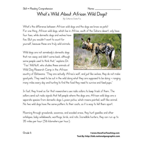 African Wild Dogs Worksheet