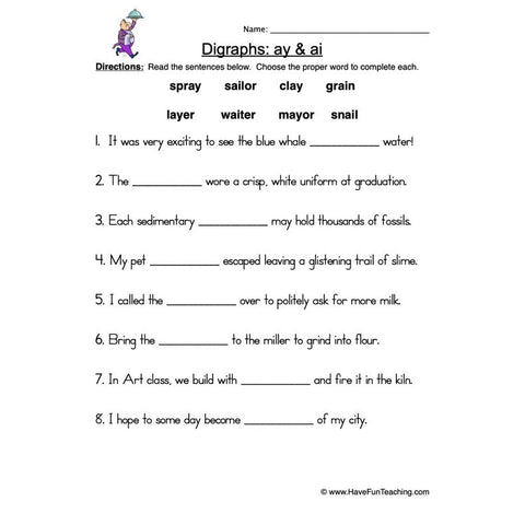 Ai Ay Digraphs Worksheet