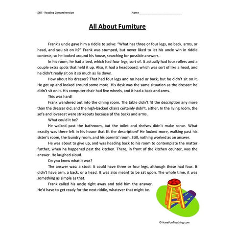 All About Furntiure Reading Comprehension Worksheet