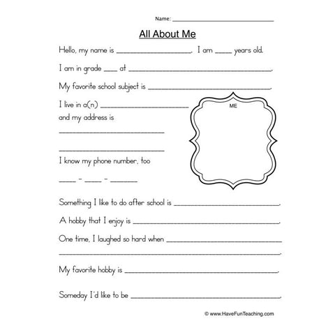 All About Me Worksheet 2