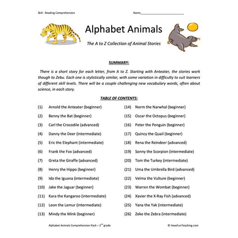 Alphabet Animals Collection Reading Comprehension Worksheets Worksheet