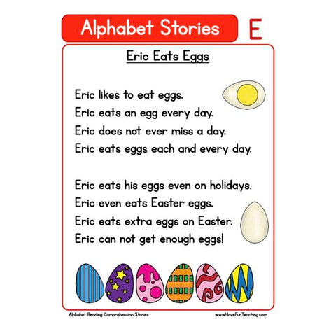 Alphabet Stories Comprehension E Worksheet