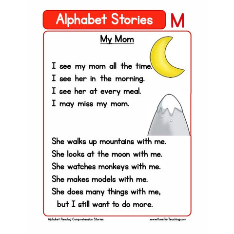 Alphabet Stories Comprehension M Worksheet