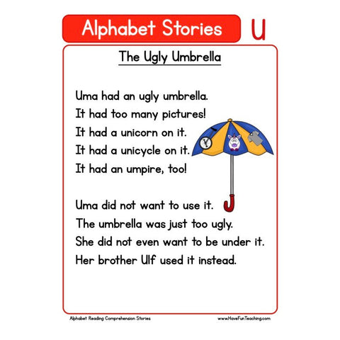 Alphabet Stories Comprehension U Worksheet