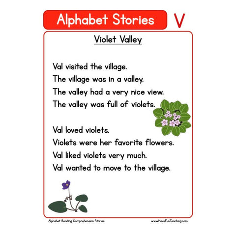 Alphabet Stories Comprehension V Worksheet