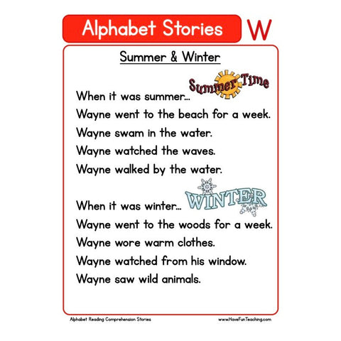 Alphabet Stories Comprehension W Worksheet
