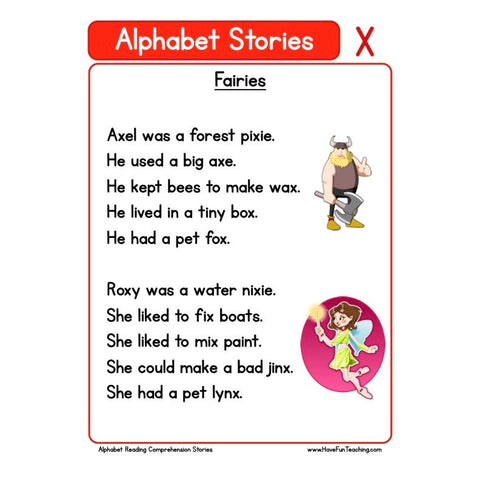 Alphabet Stories Comprehension X Worksheet